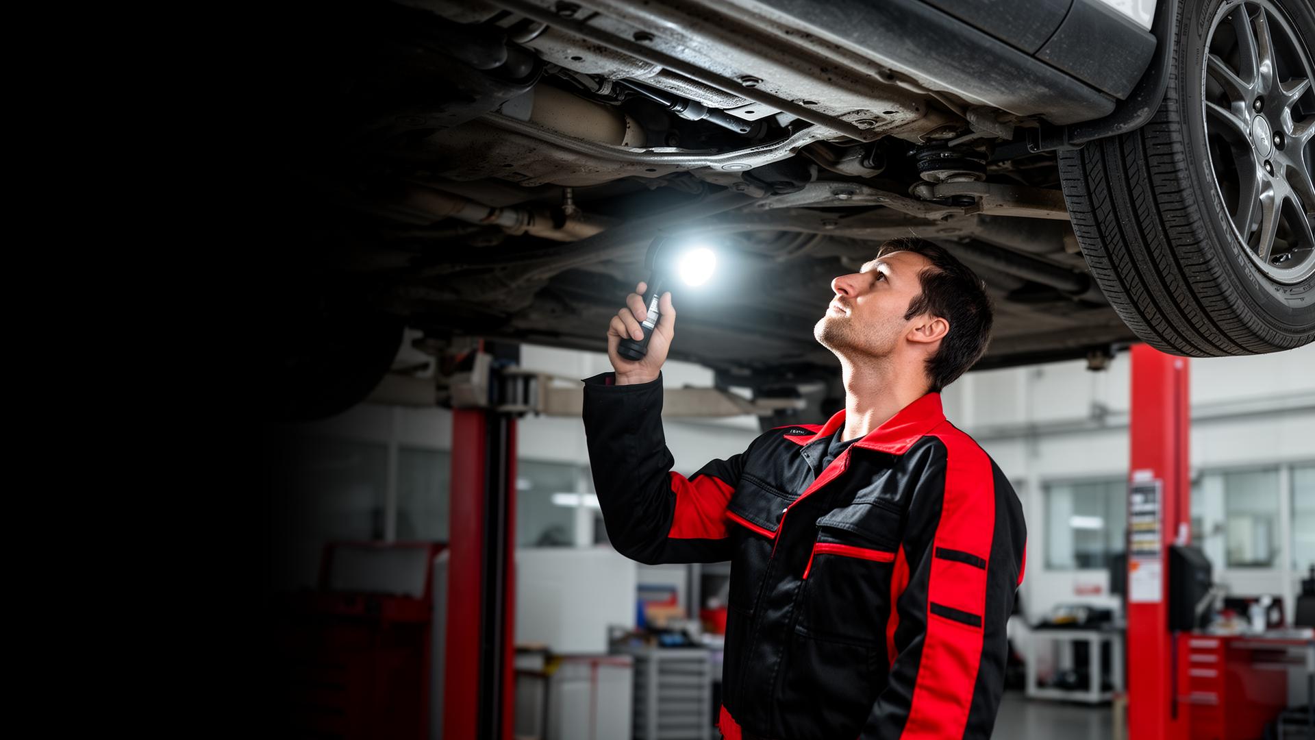 Mechanic inspecting underside of lifted vehicle