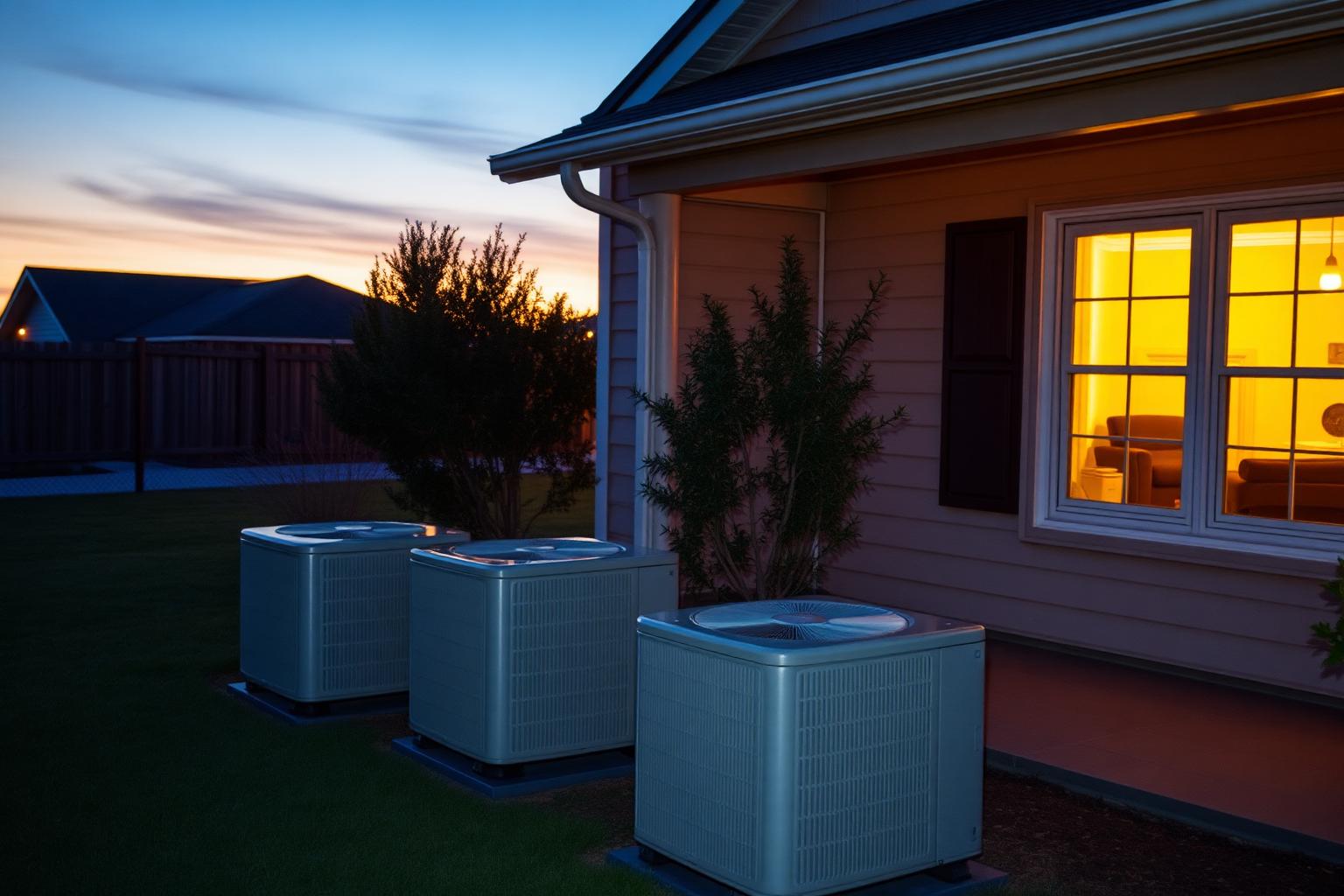 Home exterior with air conditioning unit at dusk