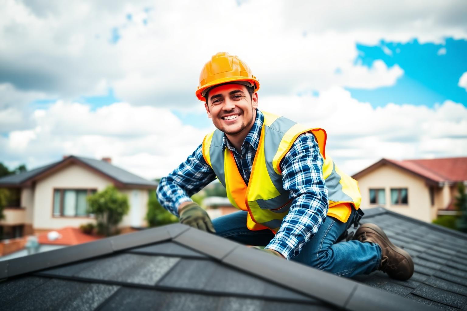 Professional roofer on roof